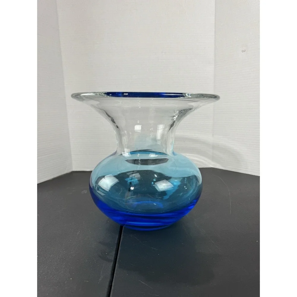 Beautiful Hand Blown Blue Glass Vase Vintage Heavy Medium Sized